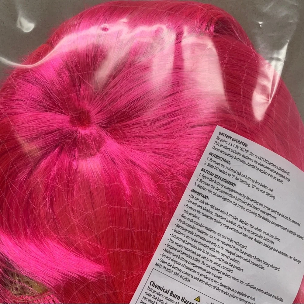 Light Up Bright Hot Pink Bob Hair Wig, Halloween Costume, with bangs chin length - Picture 4 of 6